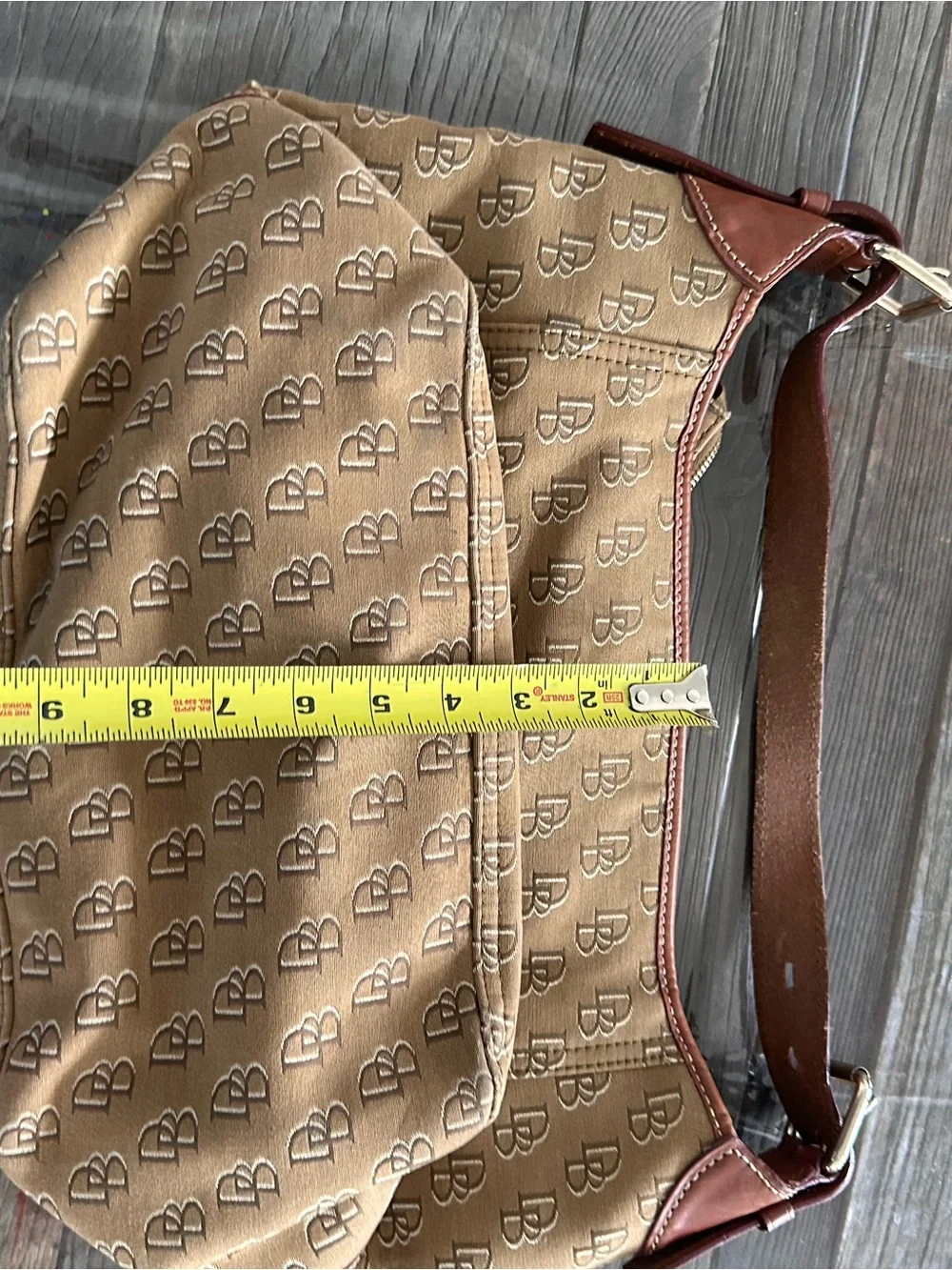 Dooney & Bourke Tan Monogram Hobo with Brown Leather Trim